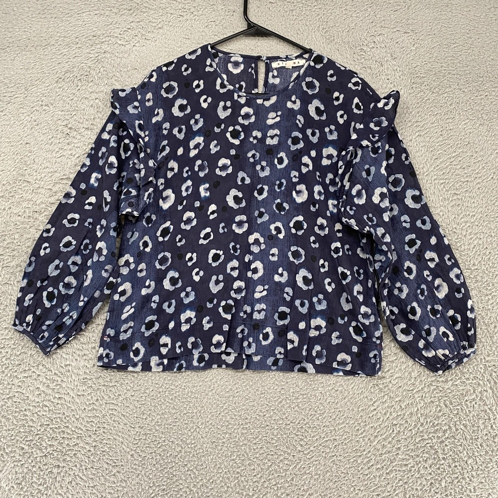 Xirena‎ Blouse Womens Small Blue Animal Print Ruffle Balloon Luna Cotton Top